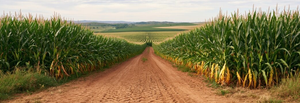 Rural dirt road between corn fields with rows of crops and rolling farmland landscape
