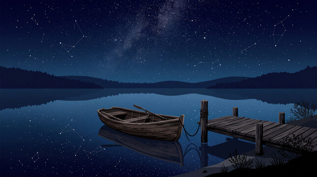 Travel Background Wooden Boat And Pier Under Starry Night Sky