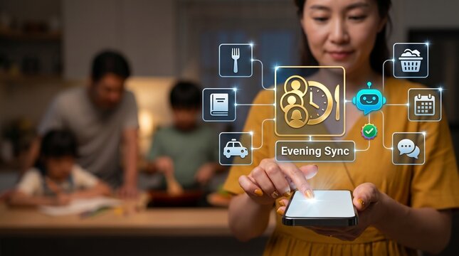Mother using AI family coordinator app on smartphone for efficient evening routine and daily schedule management