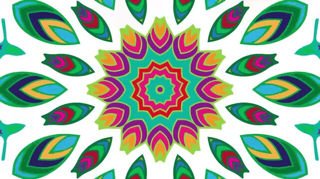 Abstract traditional ethnic art transforms into colorful psychedelic kaleidoscope patterns, creating vivid animated background for music festivals.