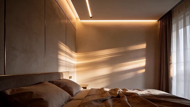 Modern bedroom with bed under linear ceiling light and curtain