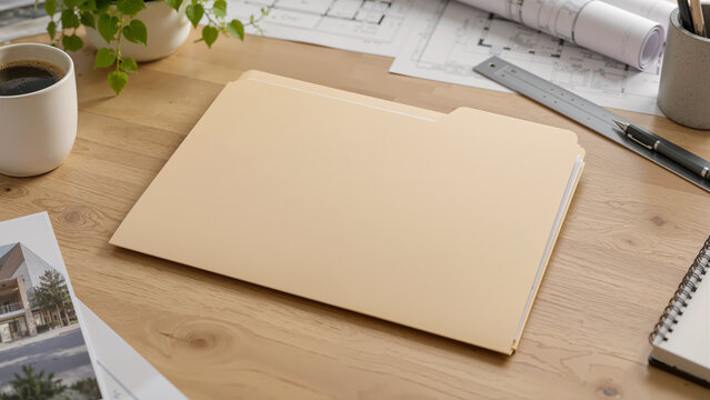 Blank Manila File Folder on Architect Desk with Blueprints, Ruler, and Coffee Mug