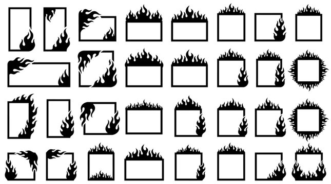 Black fire flame border frame silhouettes set