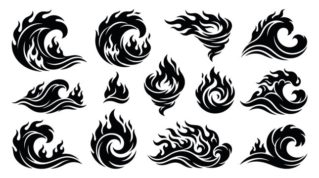 Black silhouette wave and fire flame decorative elements set