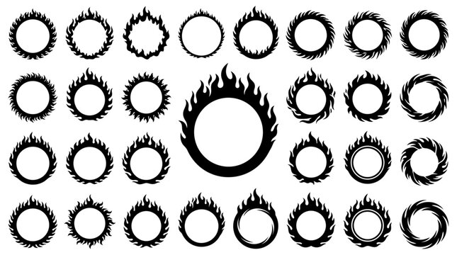 Black circular fire flame silhouette frames set on white background