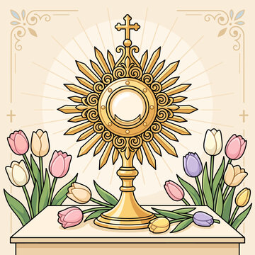 Ornate Golden Eucharistic Monstrance with Spring Flowers on Altar, Peaceful Religious Flat Vector Artwork