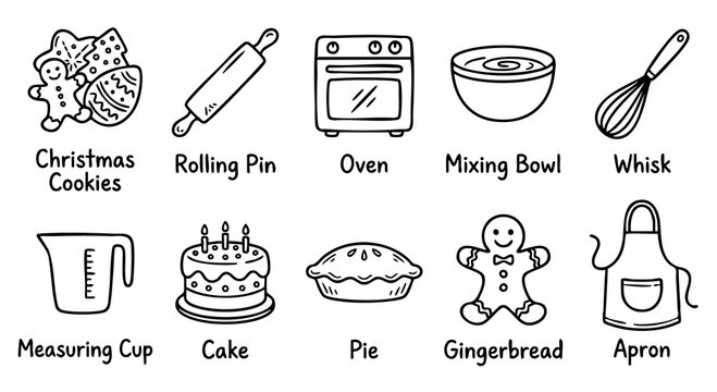 Hand Drawn Baking and Cooking Doodle Icons Set, Kitchen Tools Sketch Illustration