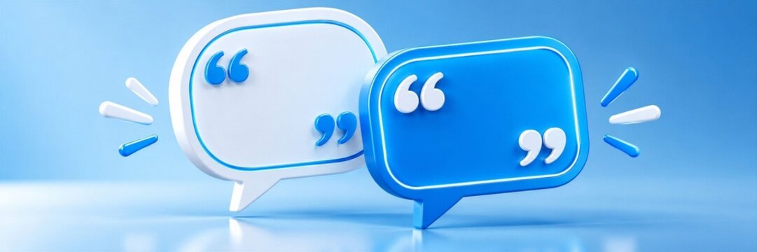 3D Rendering of Two Blank Speech Bubbles with Quote Marks on Blue Background for Communication and Dialogue Concepts