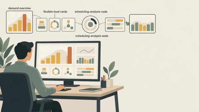 Business analyst working on computer with data charts and workflow diagram graphic above