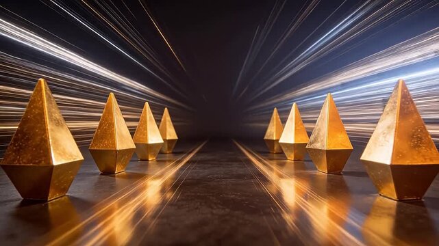 Golden cone shaped art installation on dark floor with light trails