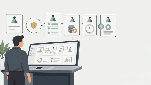 An animated man managing a workflow process on a large computer monitor in an office setting