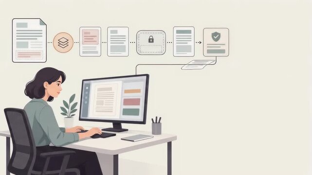 Woman reviewing documents on a computer with a workflow process diagram animation overhead