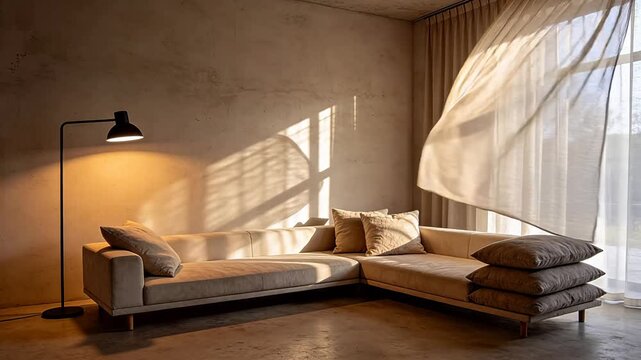 Modern interior with l shaped sofa floor lamp and curtains blowing in wind