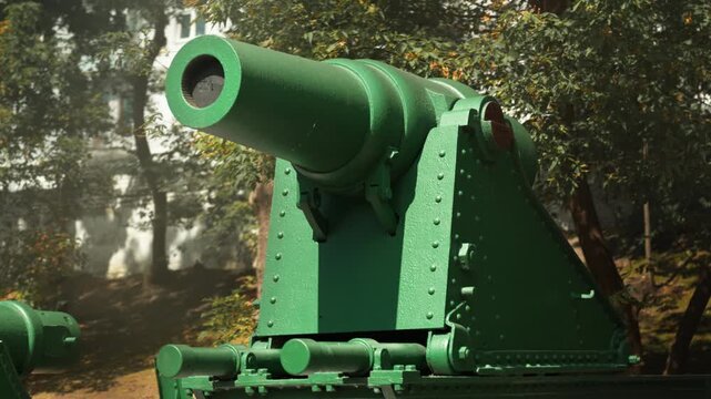 Obsolete, abandoned, and rusty combat guns stand amidst the natural landscape. A graveyard of weaponry. An echo of war. The aftermath of war.