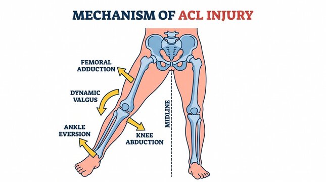 Anatomical illustration explaining the mechanism of acl knee injury