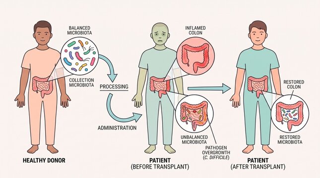Fecal microbiota transplant diagram showing gut bacteria restoration