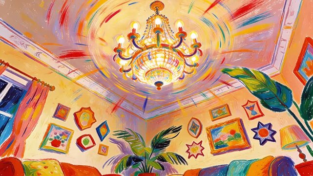 Colorful interior scene with vibrant chandelier and painted frames on wall