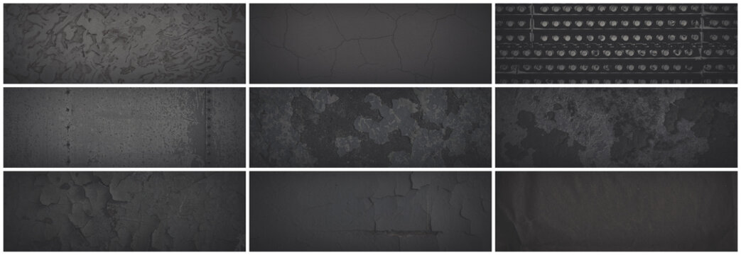 Set of dark panoramic background textures. Collection of wide textures with peeling paint, cracks, scratches, noise and grain. Faded rough surfaces of old walls. Bundle of gray backgrounds for design.