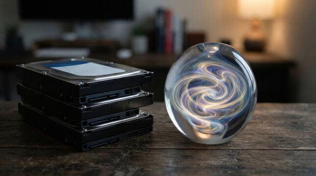 AI data storage drive stack beside glowing glass sphere creates futuristic technology mood in dim home office setting