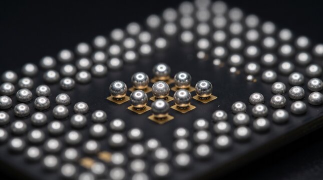 Ball Grid Array BGA Solder Balls on High Density AI Accelerator Processor Substrate Macro Photography