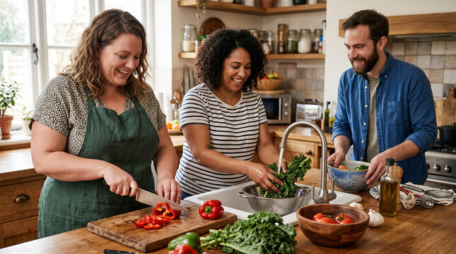 Friends cook a colorful meal together in a body inclusive kitchen