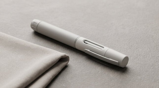 Unbranded injection pen rests on a neutral surface with copy space