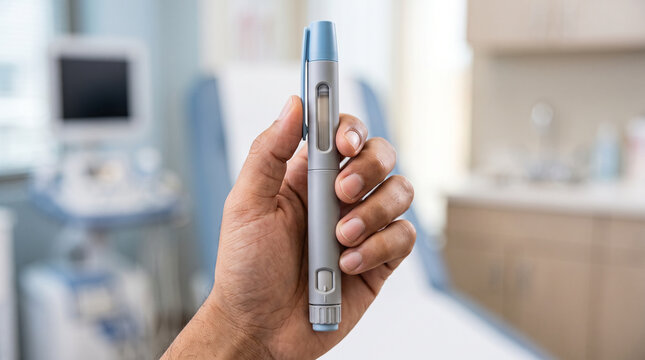 Hand holds a capped medication pen against a clean clinical background