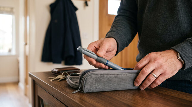 Man packs a medication pen into a travel case at home