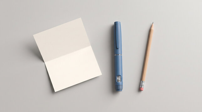 Minimal healthcare flat lay pairs an injection pen with blank notes