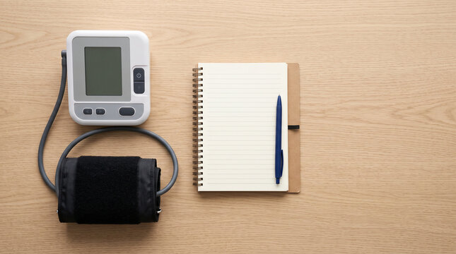 Blood pressure monitor and blank notebook suggest a tracking routine