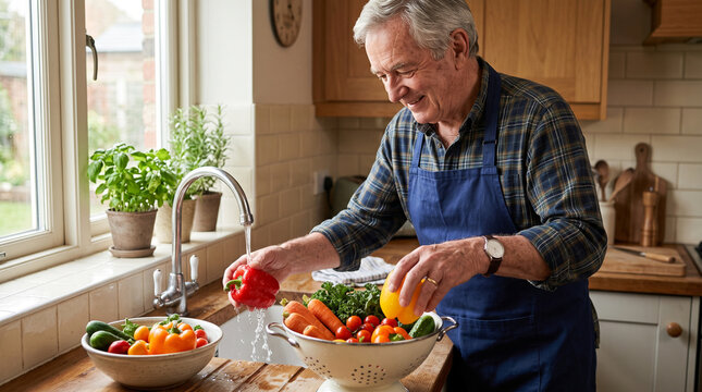 Senior man prepares vegetables for a balanced meal at home