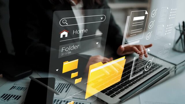 Modern Workspace with Digital Interface, Searching Folders and Organizing Documents for Efficient Data Management in a Professional Environment Gluon.