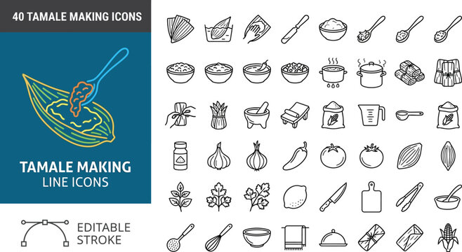 Tamale Making Process Line Icons Set Featuring Corn Husks Ingredients Tools Cooking Utensils and Spices for Mexican Cuisine