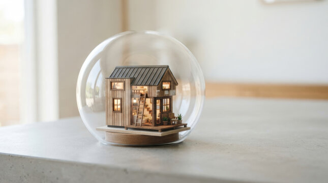 Affordable housing challenge inspires miniature wooden home displayed inside glass globe with warm lighting and detailed craftsmanship