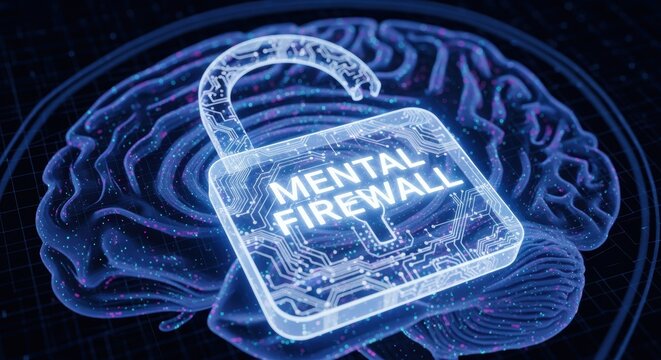 Neuroscience Research Ethics concepts. Digital concept of mental firewall as unlocked transparent padlock over brain with glowing neural network and futuristic circuit design