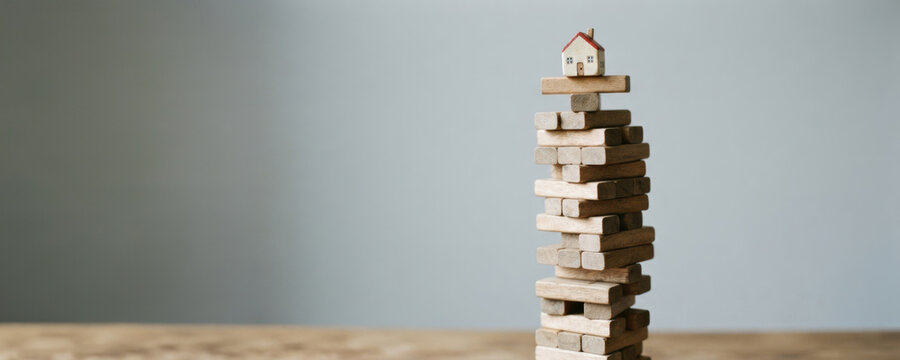 Affordable housing challenge symbolized by fragile wooden block tower supporting small house against neutral background