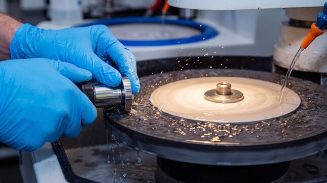 Technician polishing a metal specimen on a rotating abrasive disc in a laboratory setting