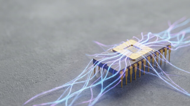 Microchip with tangled wire on gray surface ai agi technology concept