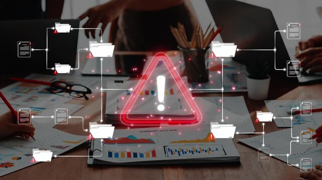 Digital alert notification with warning symbol and analytical charts on wooden desk in office setting promoting cybersecurity awareness and data sensitivity importance Sigmoid