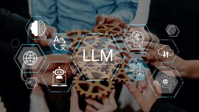 Collaborative Teamwork and Technology Integration in Business with Hands Holding Gears and Icons Representing AI, Language, and Connectivity Gluon.