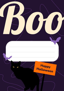 Happy Halloween Poster with Black Cat, Ghost, and Orange Greeting Sign