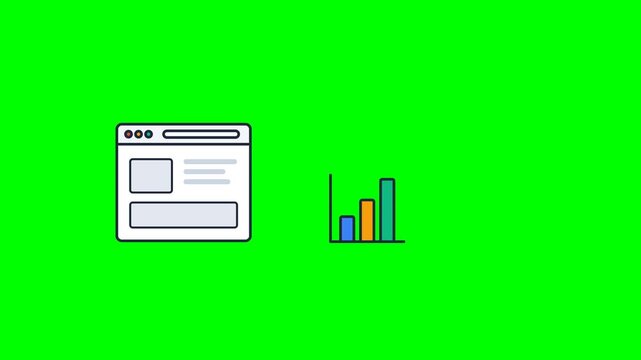 4K 16:9 greenscreen chroma key flat vector animation showing digital marketing strategy with web browser, SEO scanning glass, growing chart, and target.