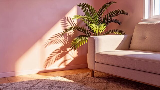 Cozy corner with green plant pink wall and grey sofa in sunlight