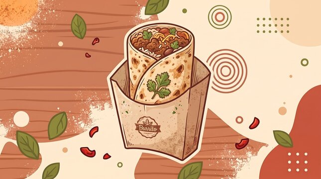 A detailed vector illustration depicts a burrito with visible fillings presented against a warm toned backdrop