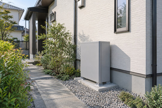 白い外壁と植栽のある戸建て側面に設置された家庭用蓄電池