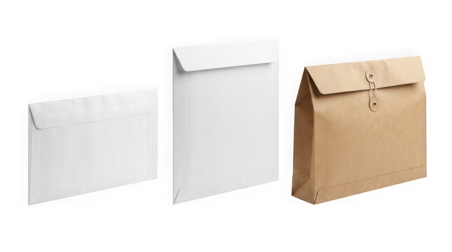 Corporate white paper mail envelopes and brown kraft string tie envelope.