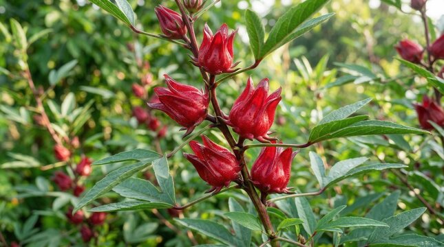 Vibrant red roselle calyxes (Hibiscus sabdariffa) on a lush green plant in soft sunlight, hinting at their use in beverages and cuisine.