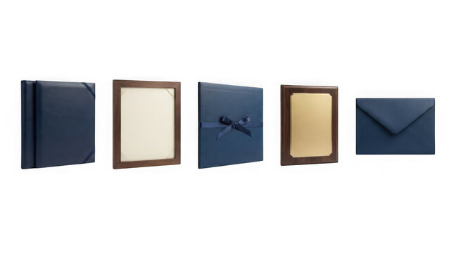 Elegant blue presentation folders and picture frames for professional branding.