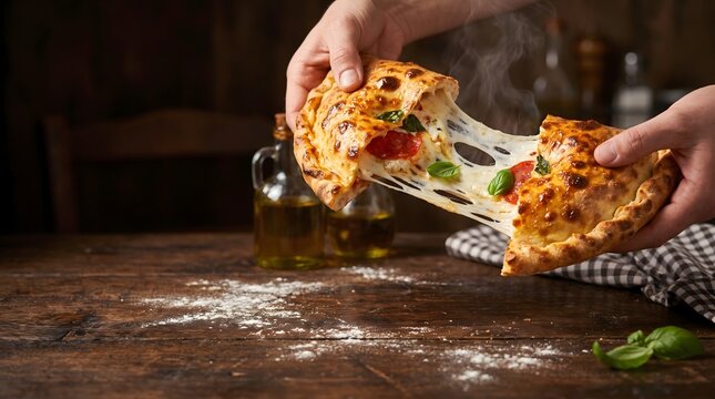 National Calzone Day delicious hot calzone with melting cheese being pulled apart
