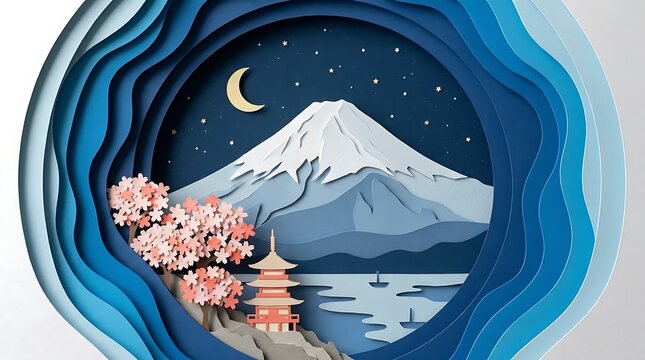 3D layered paper cut art illustration of Mount Fuji in Japan with blooming cherry blossoms, traditional pagoda, lake, and crescent moon in a starry night sky